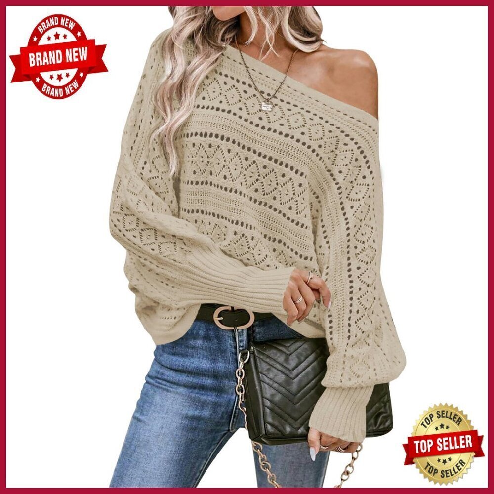 Oversized Crochet Pullover Sweater Off Shoulder Batwing Sleeve